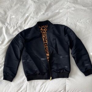 Black Bomber Jacket with Leopard Print Lining - Reversible!